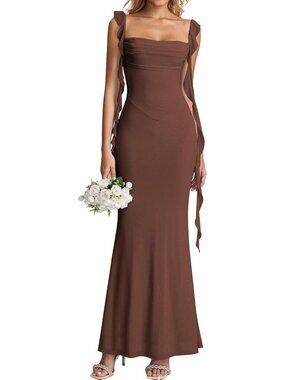 Women's Brown Boat Neck Elegant Ruffle Bodycon Formal Cocktail Maxi Dress